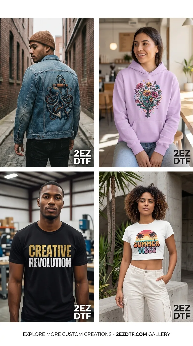 Custom DTF printed apparel — denim jacket, hoodie, and tees