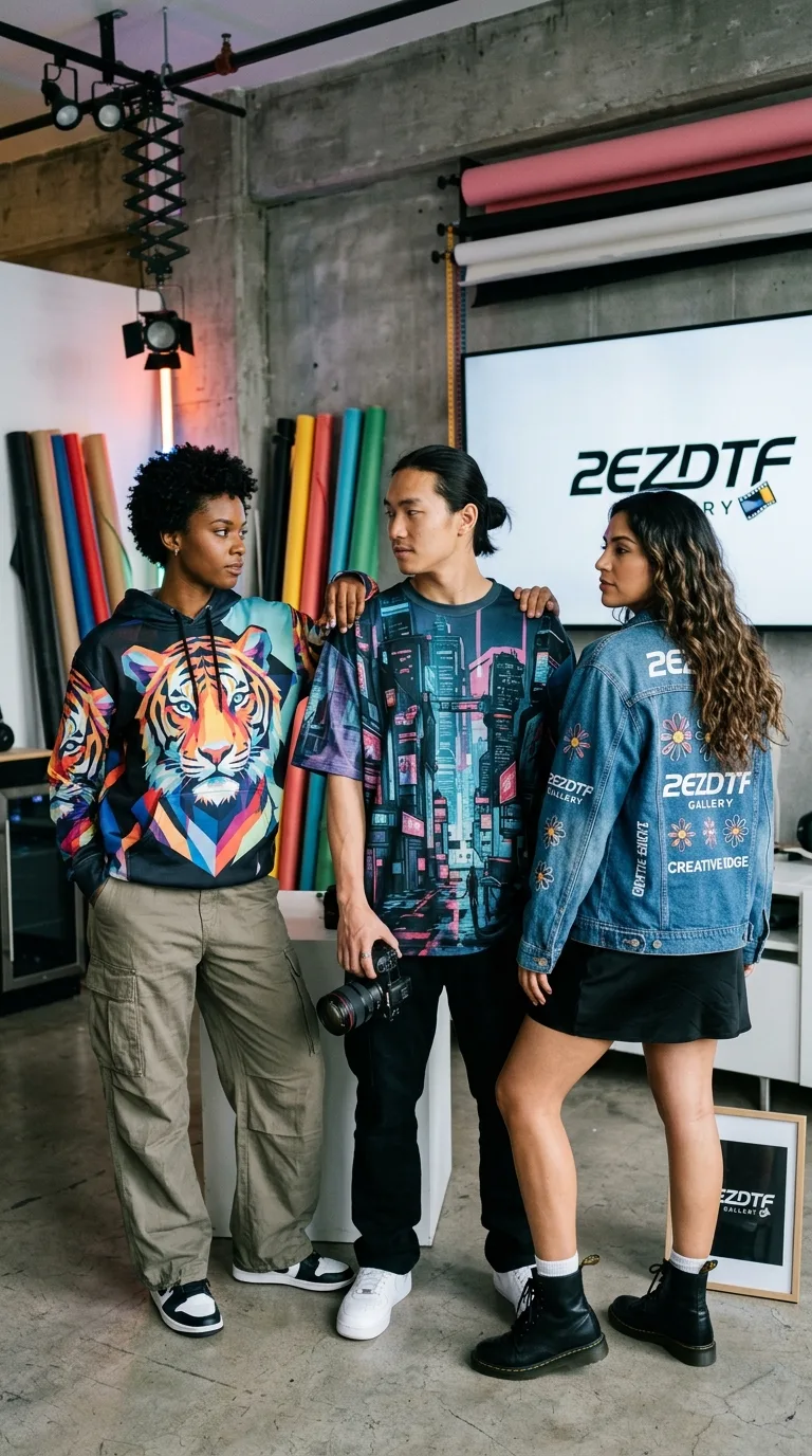 Models wearing full-color DTF printed streetwear in studio