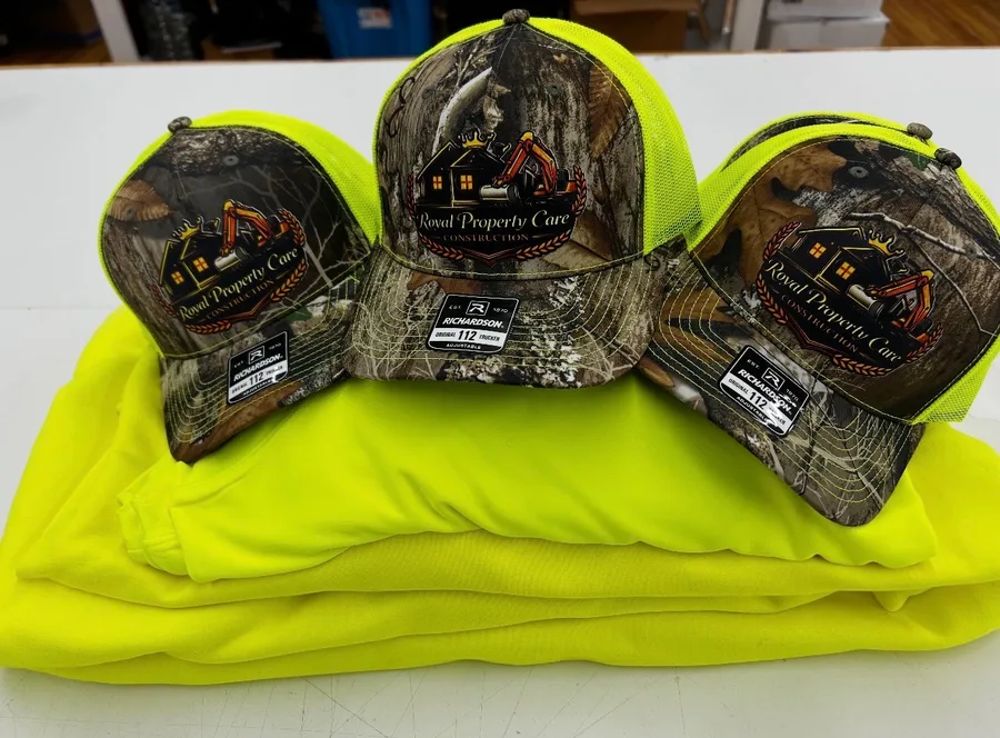 Custom hats on high visibility apparel