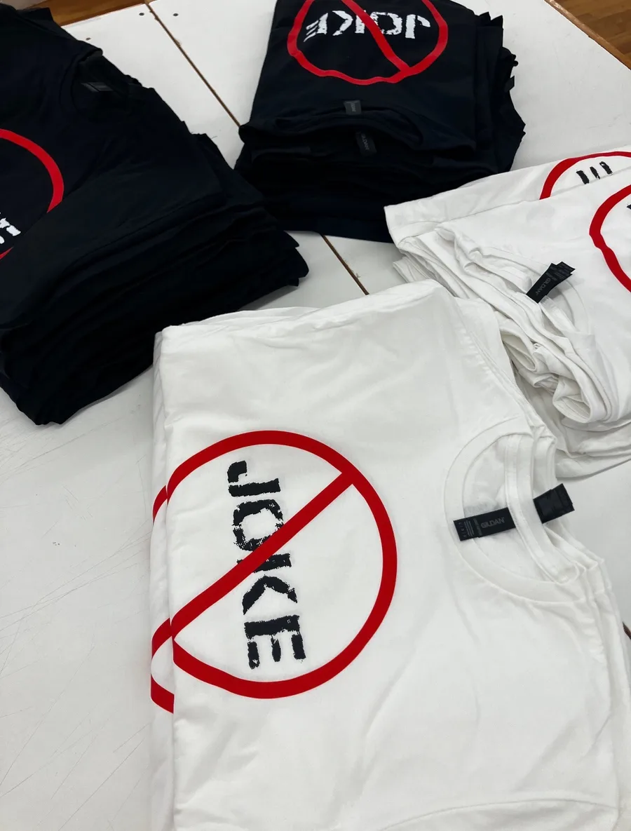 No Joke brand black and white DTF tees