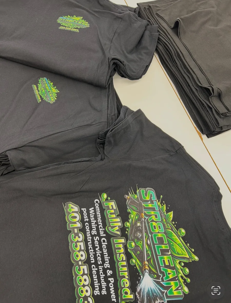 Black business shirts with bright green DTF prints